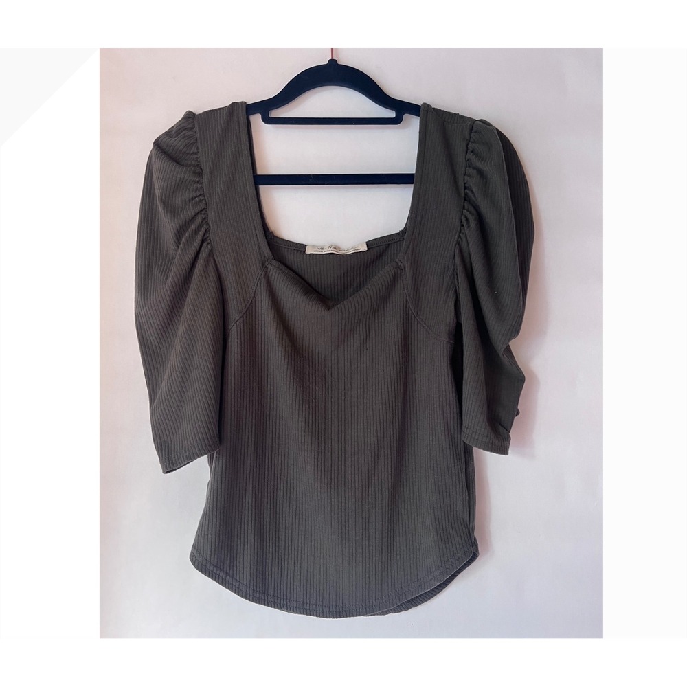 We The Free Free People Black Ribbed Puff Sleeve Square Neck Top Medium